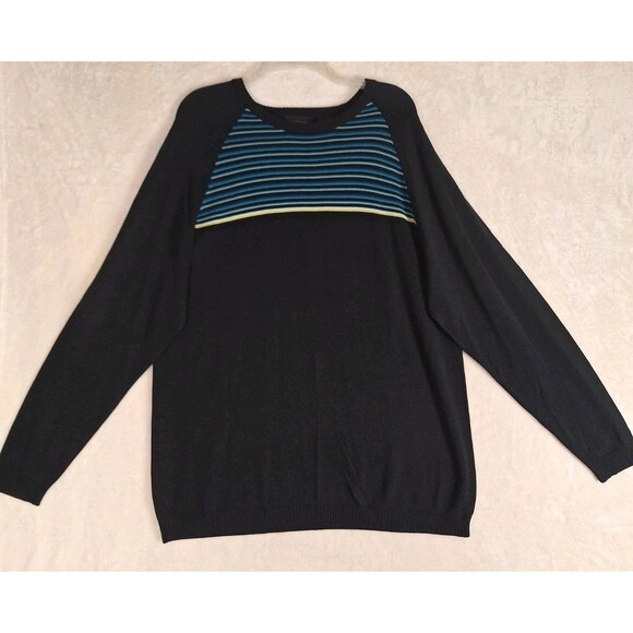 Men XL Claiborne Sweater Silk Blend Black Blue Striped NWT Crew Neck Ribbed Trim - Picture 1 of 10